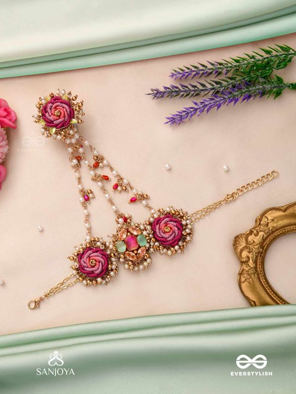 GULRATNA - JEWEL OF ROSES - HANDCRAFTED ROSE HAATHPHOOL WITH BEADED FRINGES, PEARLS AND GEM DETAILS