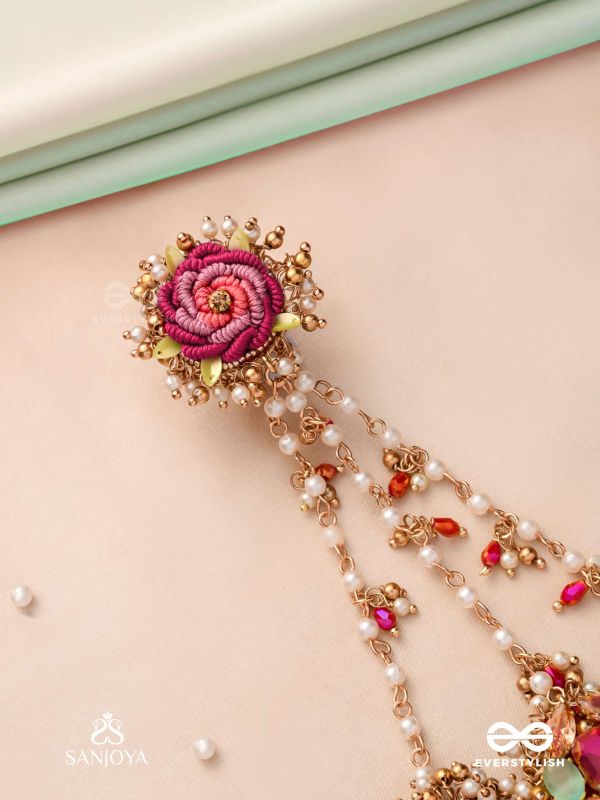 GULRATNA - JEWEL OF ROSES - HANDCRAFTED ROSE HAATHPHOOL WITH BEADED FRINGES, PEARLS AND GEM DETAILS