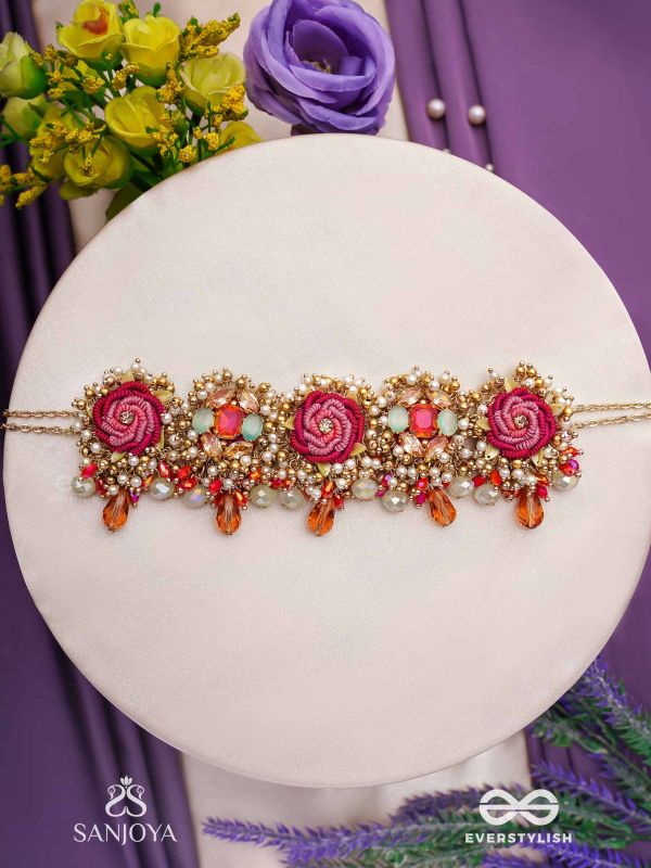 GULRATNA - JEWEL OF ROSES - HANDCRAFTED ROSE CHOKER WITH BEADED FRINGES, PEARLS AND GEM DETAILS