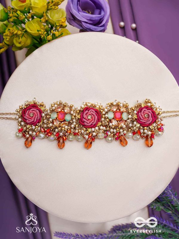 GULRATNA - JEWEL OF ROSES - HANDCRAFTED ROSE CHOKER WITH BEADED FRINGES, PEARLS AND GEM DETAILS