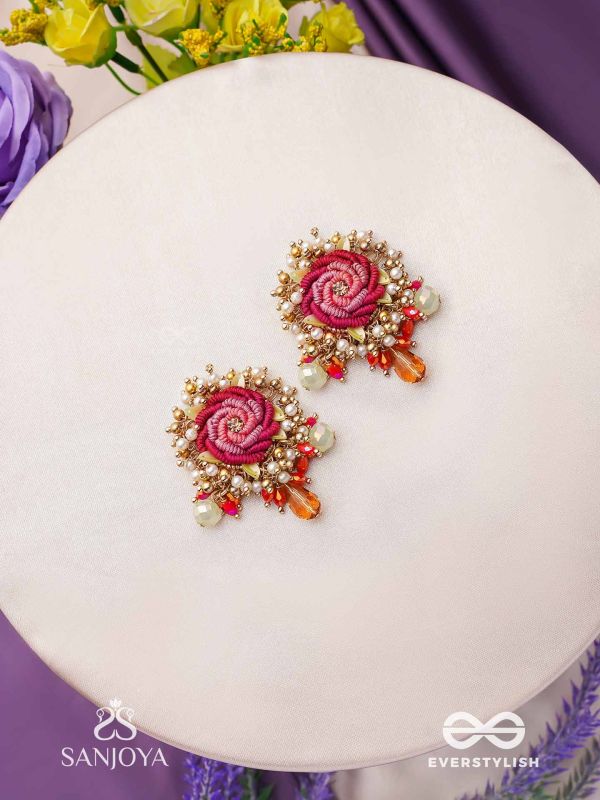 GULRATNA - JEWEL OF ROSES - HANDCRAFTED ROSE EARRINGS WITH BEADED FRINGES, PEARLS AND GEM DETAILS