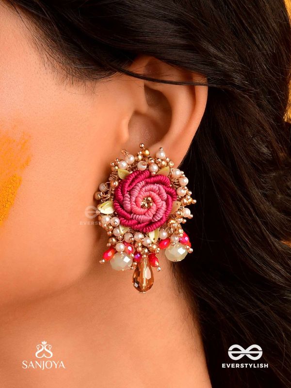 GULRATNA - JEWEL OF ROSES - HANDCRAFTED ROSE EARRINGS WITH BEADED FRINGES, PEARLS AND GEM DETAILS