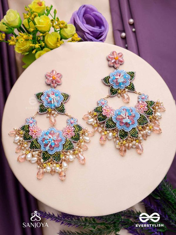 MADHUVRATA - SPRING BLOOM - DELICATE EMBROIDERED EARRINGS WITH FLORAL MOTIFS, BEADS AND PEARL DROPS