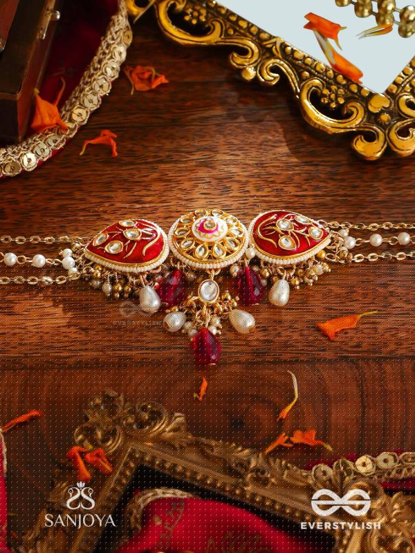 ARUNAMUKHI- FACE OF THE RED SUN- GLORIOUS KUNDAN NECKLACE WITH RED ENAMEL DETAILS AND PEARL EMBELLISHMENTS 