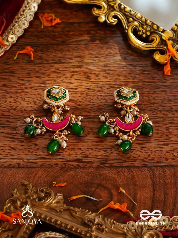 SHASHIRATNA- JEWEL OF THE MOON- KUNDAN EARRINGS INSPIRED BY THE MOON’S RADIANCE WITH PEARLS AND  GREEN DROPS