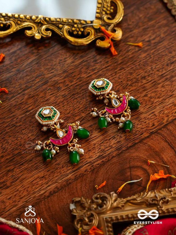 SHASHIRATNA- JEWEL OF THE MOON- KUNDAN EARRINGS INSPIRED BY THE MOON’S RADIANCE WITH PEARLS AND  GREEN DROPS