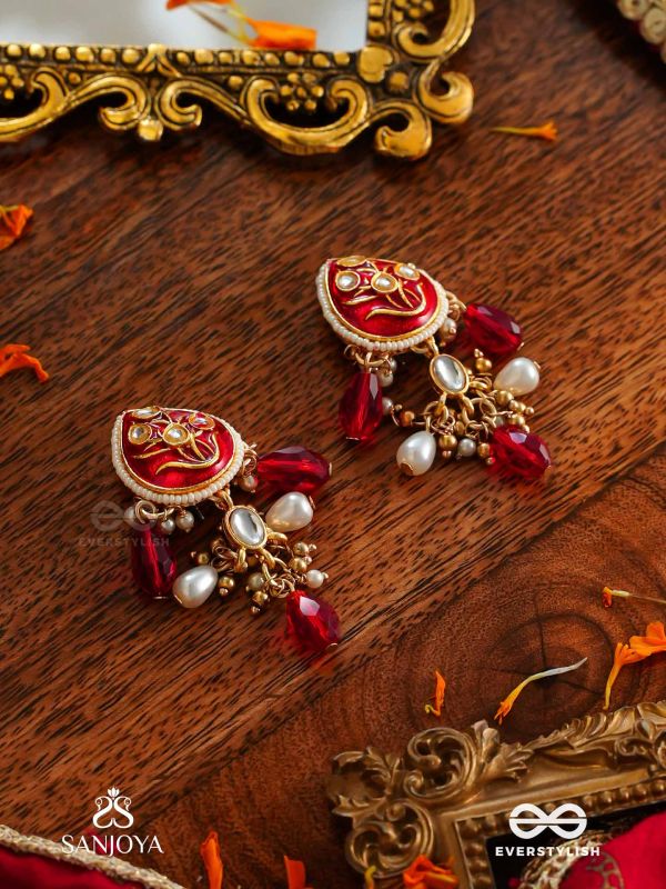 ARUNAMUKHI- FACE OF THE RED SUN- GLORIOUS KUNDAN EARRINGS WITH RED ENAMEL DETAILS AND PEARL EMBELLISHMENTS 