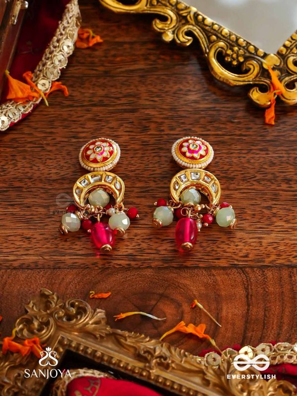 SHONAPRABHA- RADIANCE OF GOLD AND RED- HANDCRAFTED KUNDAN EARRINGS  WITH GOLDEN MOONS AND RED BEADS