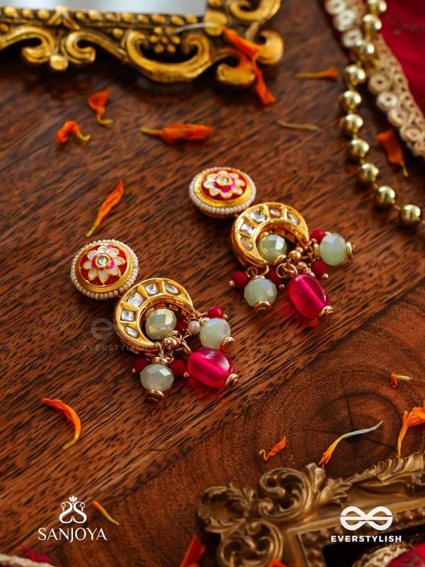 SHONAPRABHA- RADIANCE OF GOLD AND RED- HANDCRAFTED KUNDAN EARRINGS  WITH GOLDEN MOONS AND RED BEADS