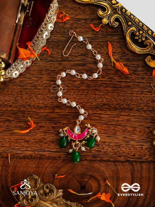 SHASHIRATNA- JEWEL OF THE MOON- KUNDAN MAANGTIKA INSPIRED BY THE MOON’S RADIANCE WITH PEARLS AND  GREEN DROPS