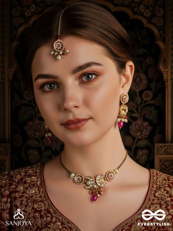 SHONAPRABHA- RADIANCE OF GOLD AND RED - HANDMADE KUNDAN SET WITH NECKLACE, EARRINGS AND MAANGTIKA