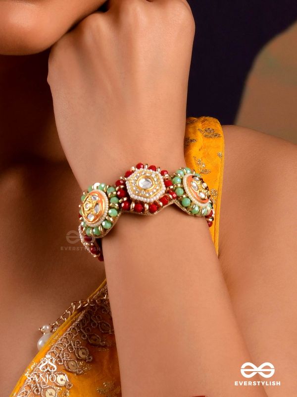 VIBHAVARI - NIGHT FULL OF SPLENDOR - MULTI-COLOR ENAMELLED KUNDAN BRACELET WITH PEARLS AND BEADS