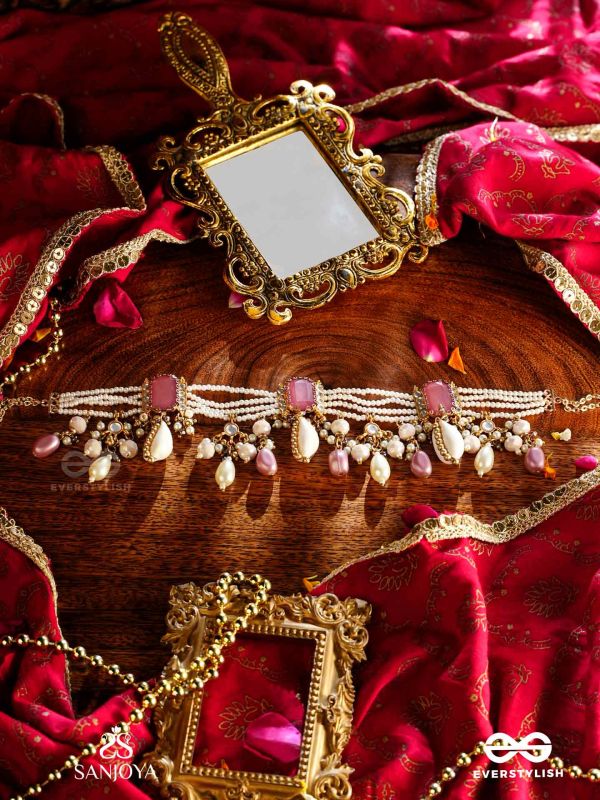 MANOHARA - CHARMING BEAUTY- ROYAL KUNDAN NECKLACE WITH PEARL STRINGS, SHELLS AND PINK GEM EMBELLISHMENTS