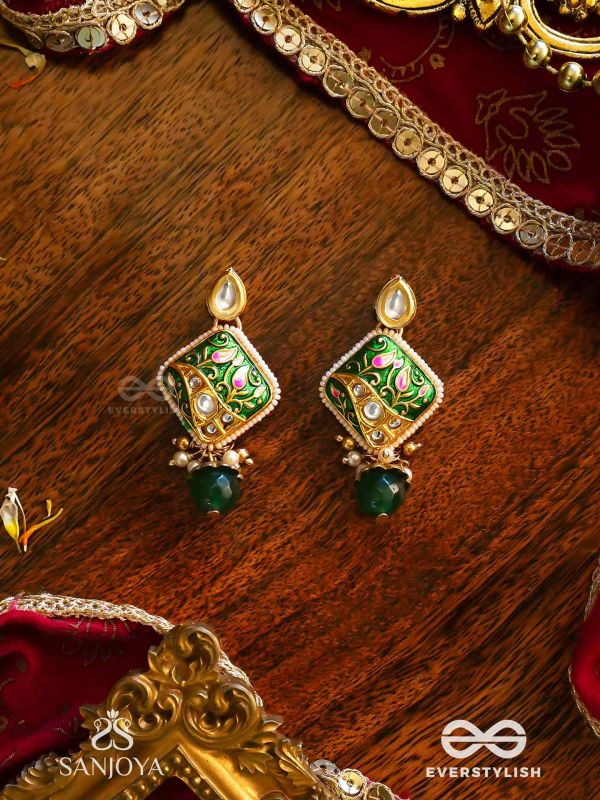 VANASHREE - QUEEN OF THE FOREST- MESMERIZING EARRINGS WITH VIBRANT GREEN AND GOLDEN ACCENTS, ADORNED WITH KUNDAN AND PEARLS