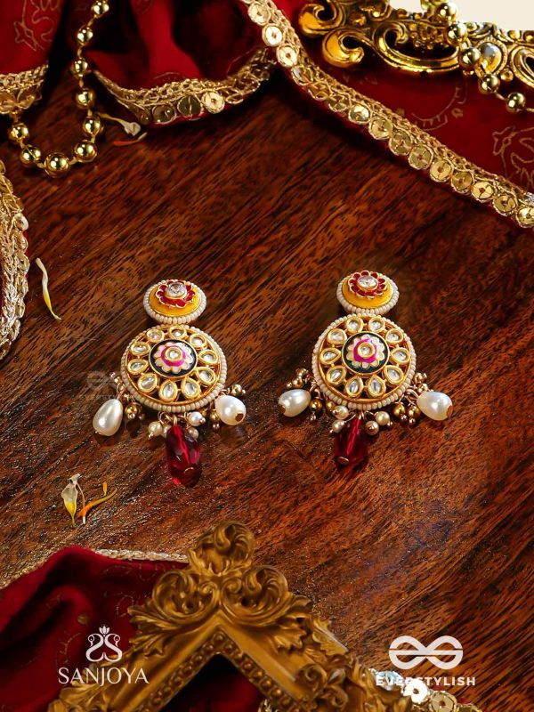 DIVYANJALI - DIVINE OFFERING-  KUNDAN, PEARLS, AND RED STONES HANDMADE EARRINGS