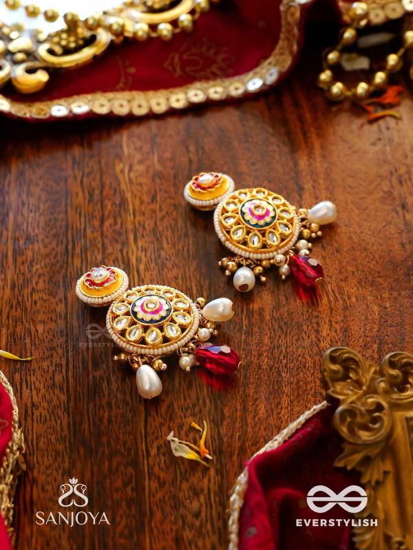 DIVYANJALI - DIVINE OFFERING-  KUNDAN, PEARLS, AND RED STONES HANDMADE EARRINGS