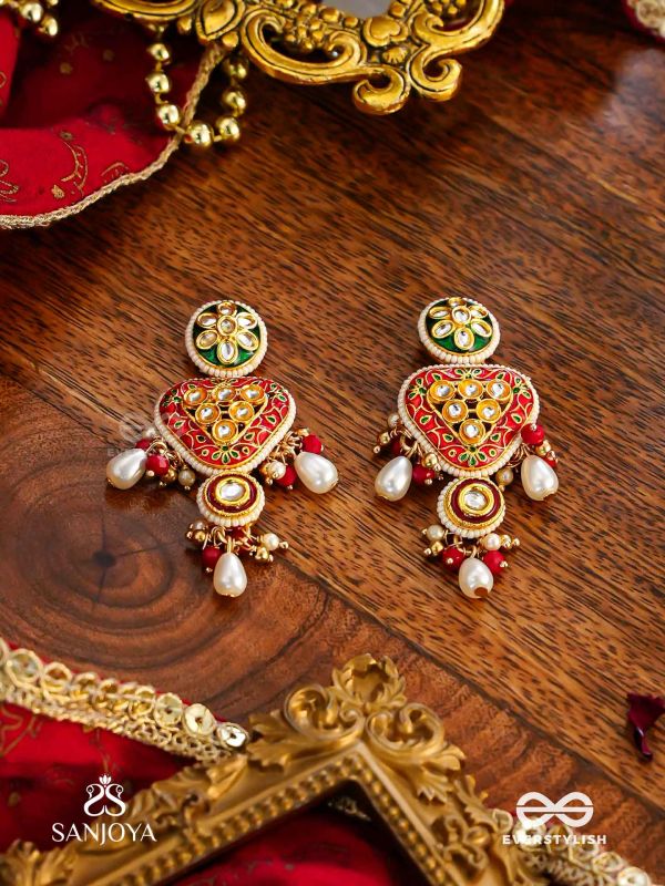 SUNDARIKA - BEAUTIFUL ONE - INTRICATE KUNDAN EARRINGS WITH ENAMEL WORK AND PEARL DROPS