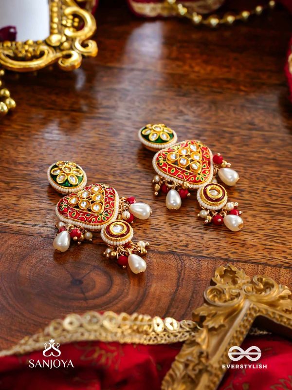SUNDARIKA - BEAUTIFUL ONE - INTRICATE KUNDAN EARRINGS WITH ENAMEL WORK AND PEARL DROPS