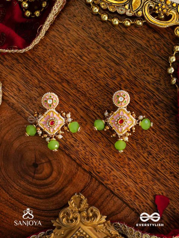 MADHUVRATA – SWEET AS SPRING BLOOM - GRACEFUL PINK ENAMELLED EARRINGS WITH KUNDAN GREEN BEADS AND PEARL DROPS