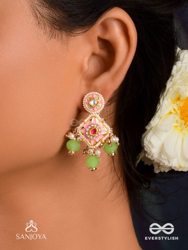 MADHUVRATA – SWEET AS SPRING BLOOM - GRACEFUL PINK ENAMELLED EARRINGS WITH KUNDAN GREEN BEADS AND PEARL DROPS