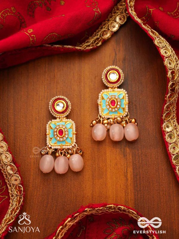 PUSHPAKSHI - BLOSSOMING BEAUTY - DELICATE KUNDAN MULTI-TONED ENAMEL EARRINGS WITH DAINTY GEMSTONE DROPS