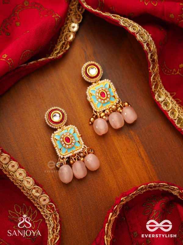 PUSHPAKSHI - BLOSSOMING BEAUTY - DELICATE KUNDAN MULTI-TONED ENAMEL EARRINGS WITH DAINTY GEMSTONE DROPS
