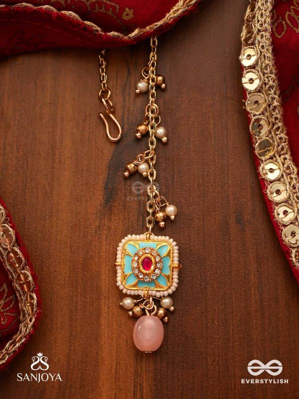 PUSHPAKSHI - BLOSSOMING BEAUTY - DELICATE KUNDAN MULTI-TONED ENAMEL MAANGTIKA WITH DAINTY GEMSTONE DROPS