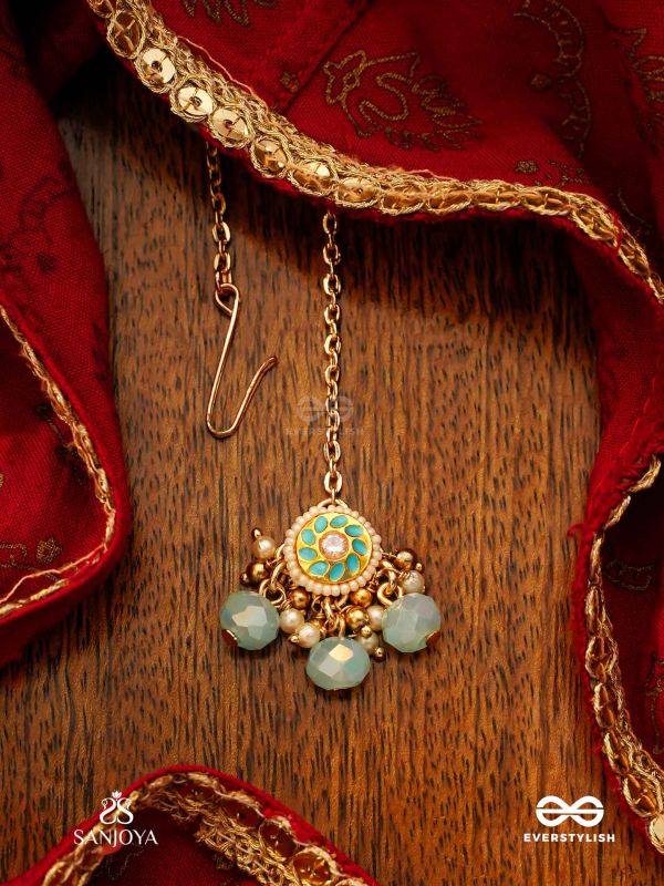 VARUNIKA - GODDESS OF WATER - GRACEFUL BLUE ENAMEL KUNDAN MAANGTIKA WITH LUSTROUS DROPS