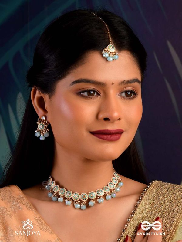 VARUNIKA - GODDESS OF WATER - GRACEFUL BLUE ENAMEL KUNDAN MAANGTIKA WITH LUSTROUS DROPS