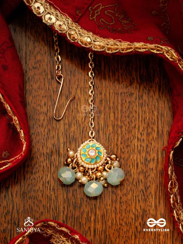 VARUNIKA - GODDESS OF WATER - GRACEFUL BLUE ENAMEL KUNDAN MAANGTIKA WITH LUSTROUS DROPS