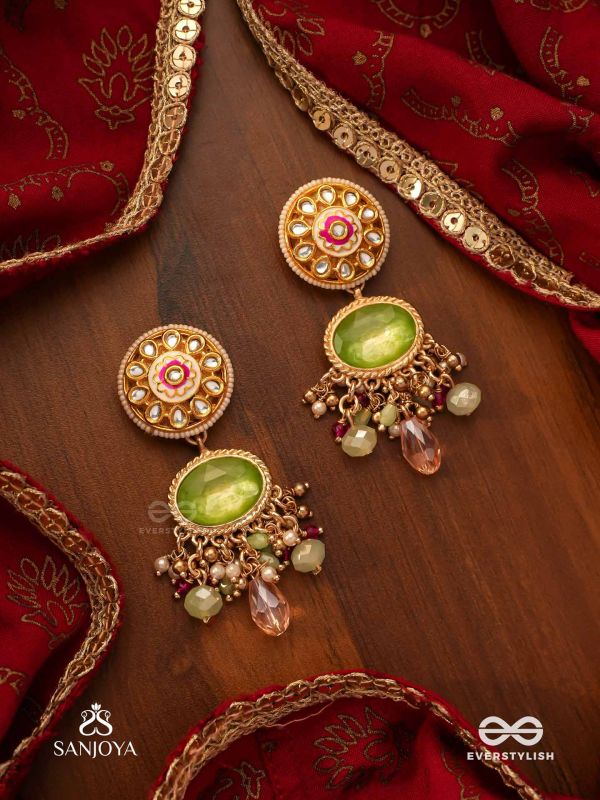 HARITRINA - GREEN AND PINK BEAUTY - ORNATE KUNDAN EARRINGS WITH FLORAL MOTIFS AND SPARKLING DROPS