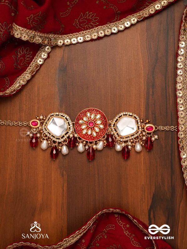 AGNITA - FIERY BEAUTY - INTRICATE KUNDAN RED POLKI CHOKER WITH DAZZLING MIRROR ACCENTS, PEARLS AND GEM FRINGES