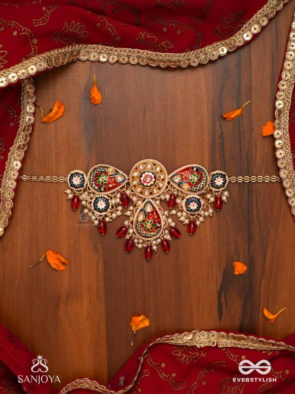 SUVARNAPUSHPA - GOLDEN BLOSSOM - LUXURIOUS HERITAGE KUNDAN NECKLACE WITH RED AND BLUE ENAMEL WORK, PEARLS AND BEADS