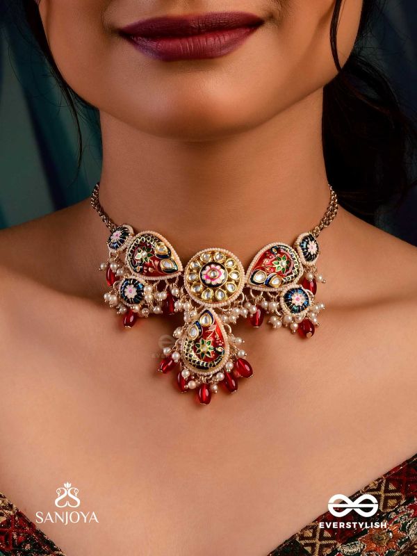 SUVARNAPUSHPA - GOLDEN BLOSSOM - LUXURIOUS HERITAGE KUNDAN NECKLACE WITH RED AND BLUE ENAMEL WORK, PEARLS AND BEADS
