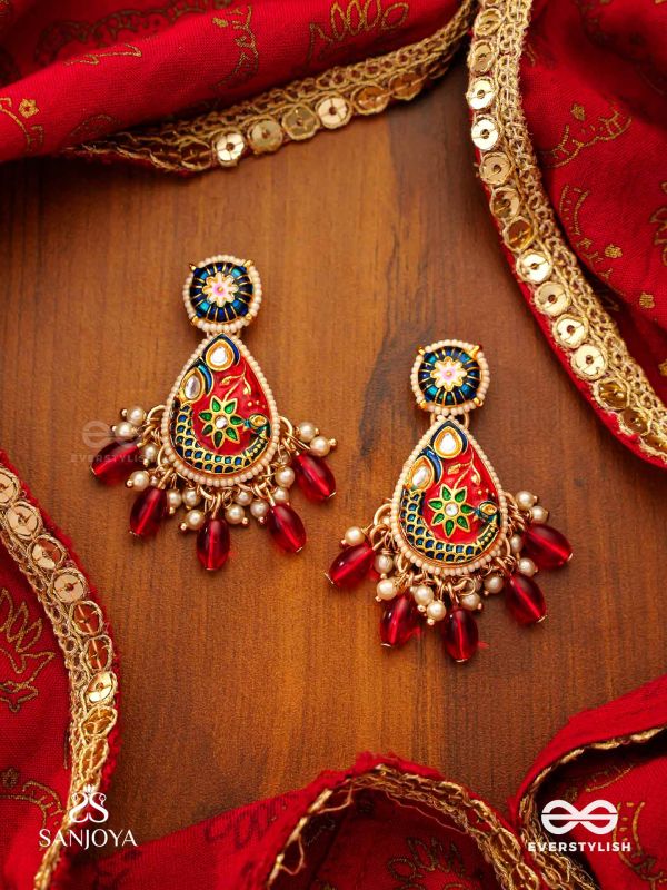 SUVARNAPUSHPA - GOLDEN BLOSSOM - LUXURIOUS HERITAGE KUNDAN EARRINGS WITH RED AND BLUE ENAMEL WORK, PEARLS AND BEADS