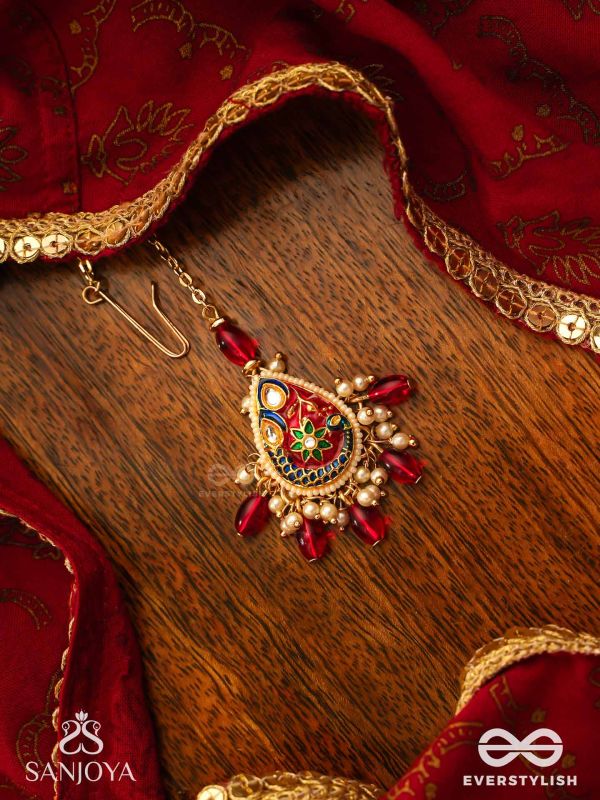 SUVARNAPUSHPA - GOLDEN BLOSSOM - LUXURIOUS HERITAGE KUNDAN MAANGTIKA WITH RED AND BLUE ENAMEL WORK, PEARLS AND BEADS