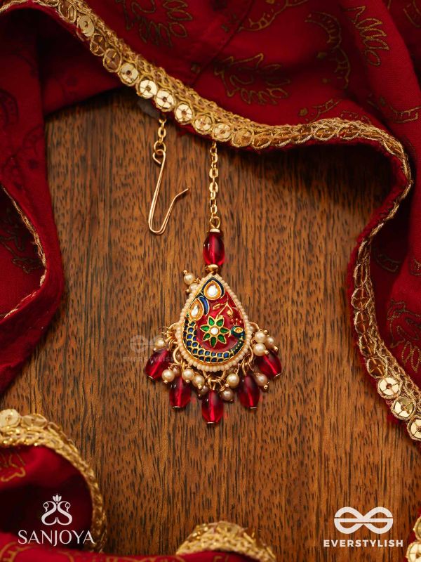 SUVARNAPUSHPA - GOLDEN BLOSSOM - LUXURIOUS HERITAGE KUNDAN MAANGTIKA WITH RED AND BLUE ENAMEL WORK, PEARLS AND BEADS