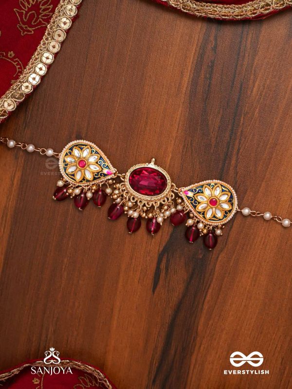 SINDURINI - VERMILION GRACE - STATEMENT KUNDAN POLKI NECKLACE WITH RED GEMSTONES AND ENAMEL ACCENTS