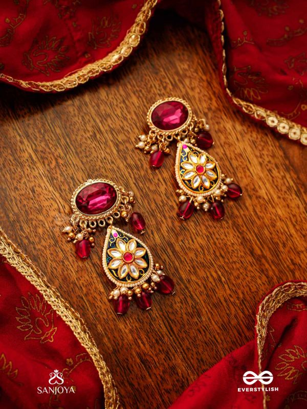 SINDURINI - VERMILION GRACE - STATEMENT KUNDAN POLKI EARRINGS WITH RED GEMSTONES AND ENAMEL ACCENTS