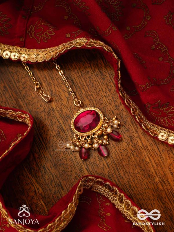 SINDURINI - VERMILION GRACE - STATEMENT KUNDAN POLKI MAANGTIKA WITH RED GEMSTONES AND ENAMEL ACCENTS