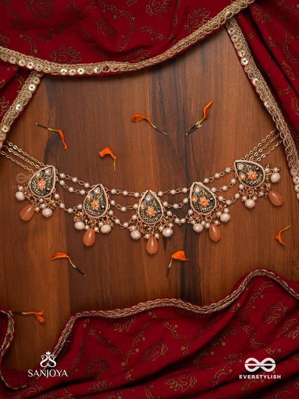 SANDHYAPRIYA - LOVER OF DUSK - EXQUISITE GOLDEN ENAMELLED KUNDAN NECKLACE WITH LUSTROUS ORANGE GEM DROPS