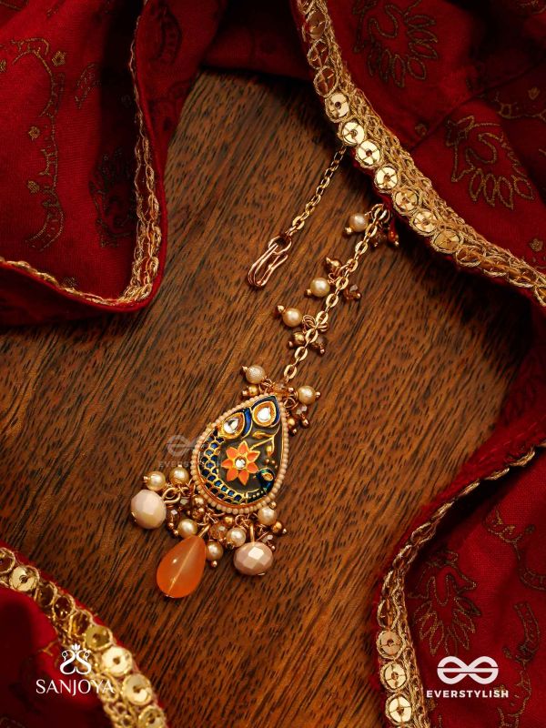 SANDHYAPRIYA - LOVER OF DUSK - EXQUISITE GOLDEN ENAMELLED KUNDAN MAANGTIKA WITH LUSTROUS ORANGE GEM DROPS