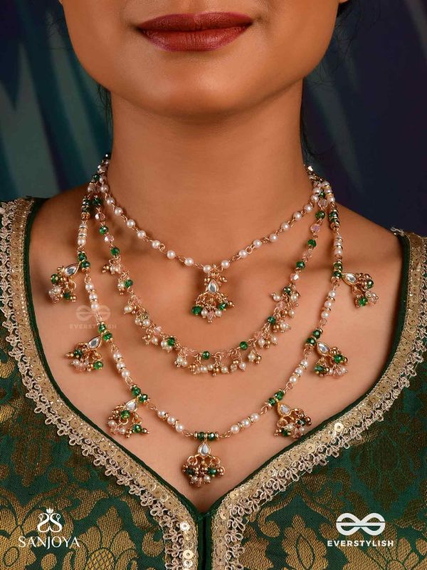 VARSHALEKHA - RAINFALL STROKES - ROYAL HERITAGE MULTI-STRAND KUNDAN NECKLACE WITH PEARL STRINGS AND POLKI DROPS