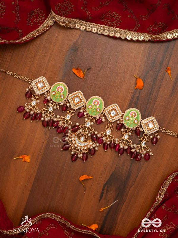 PUSHPALEKHA - STROKES OF FLOWERS - INTRICATE FLORAL ENAMELLED KUNDAN NECKLACE WITH RUBY BEADS