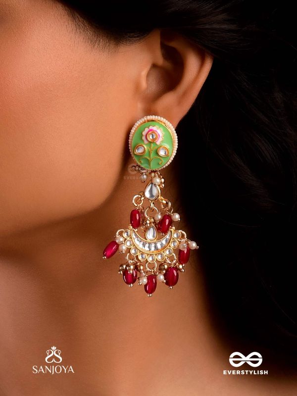 PUSHPALEKHA - STROKES OF FLOWERS - INTRICATE FLORAL ENAMELLED KUNDAN EARRINGS WITH RUBY BEADS