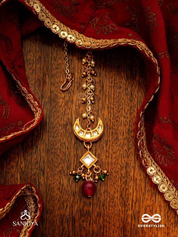 INDURAGA - MELODY OF THE MOON - ROYAL KUNDAN MAANGTIKA WITH CRESCENT MOTIFS AND RUBY DROPS