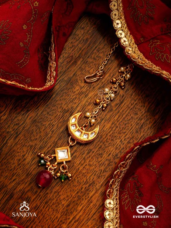 INDURAGA - MELODY OF THE MOON - ROYAL KUNDAN MAANGTIKA WITH CRESCENT MOTIFS AND RUBY DROPS
