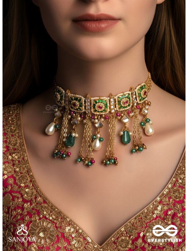 RANIRAGA - QUEEN’S MELODY- EXQUISITE KUNDAN NECKPIECE WITH FLORAL ENAMEL WORK, BEADS AND PEARLS