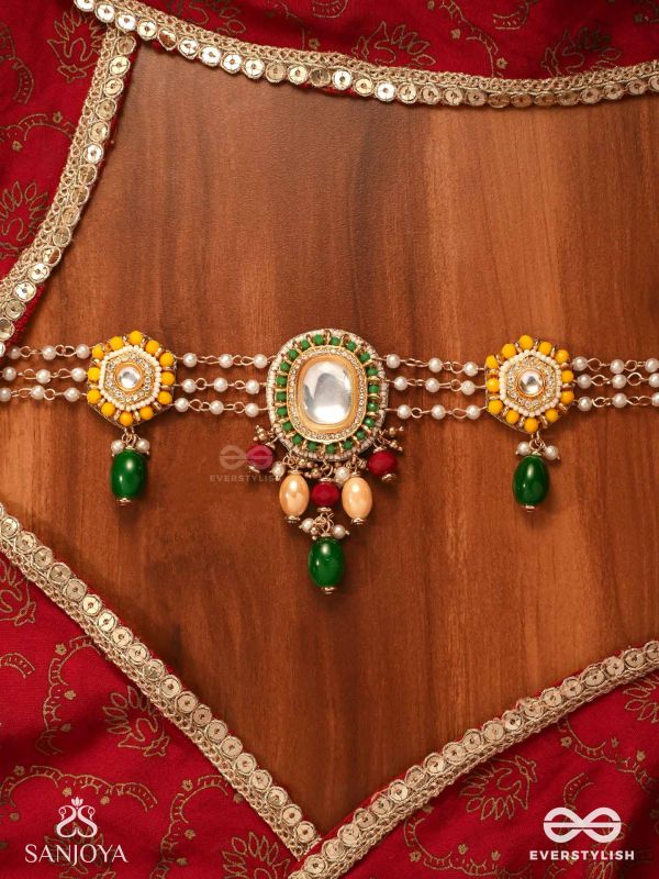 KANAKSHOBHA - GOLDEN GRACE- TRADITIONAL KUNDAN NECKPIECE WITH BEADS AND PEARLS