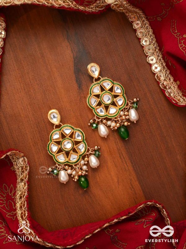 TARALYA - GENTLE RADIANCE- MINIMAL KUNDAN EARRINGS WITH GREEN DROPS AND PEARLS